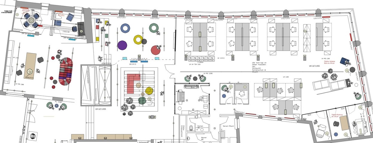 Detailplan einer Büroplanung mit Open Space, Rückzugsräumen und Lounge