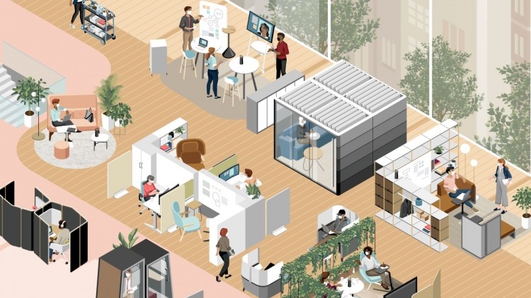 Illustration eines Multi Space Bürokonzepts mit verschiedenen Raum-in-Raum Elementen