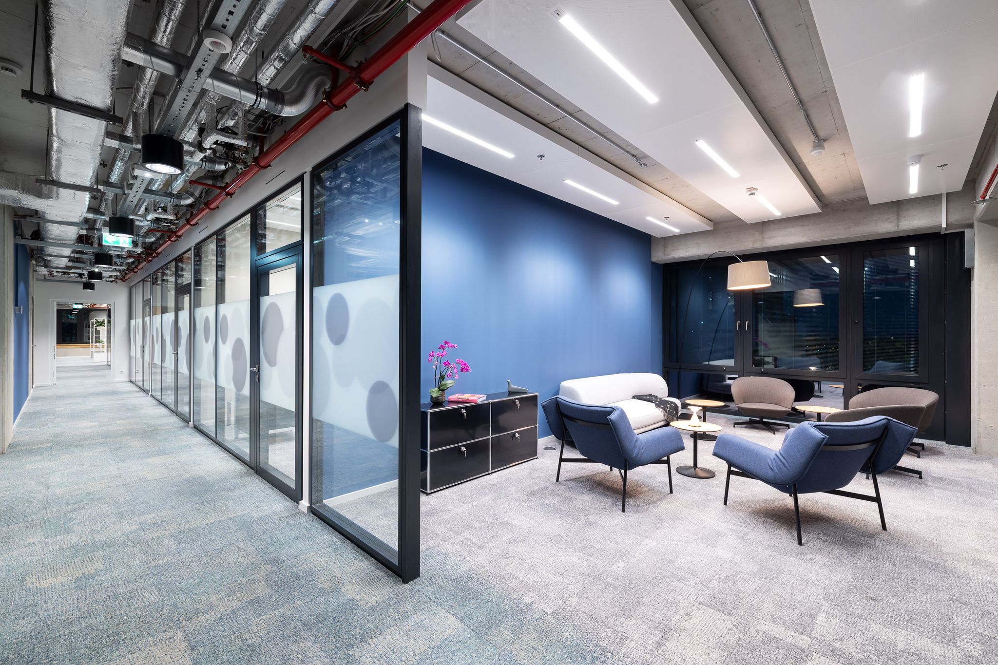 Gemütliche Sitzecke mit blauen Sesseln und grauem Sofa vor blauer Wand